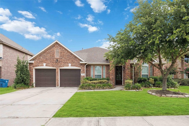 13721 Northline Lake Dr, Houston, TX 77044 - view of front of house with brick siding, an attached garage, a front lawn, driveway, and roof with shingles