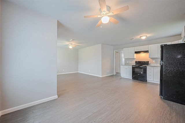 3602 Castledale Dr, Houston, TX 77093 - kitchen featuring black appliances, light wood-type flooring, white cabinets, a ceiling fan, and light stone countertops