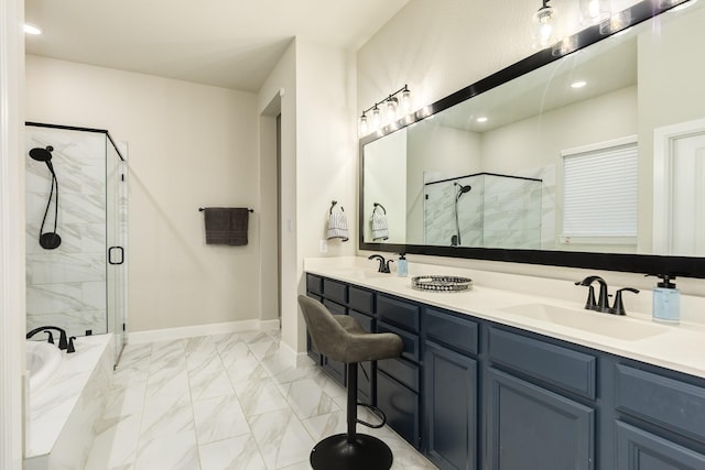9806 Starry Night Ln, Manvel, TX 77578 - full bathroom featuring marble look tiles, a marble finish shower, double vanity, recessed lighting, and a bath