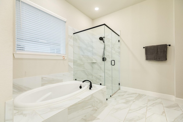 9806 Starry Night Ln, Manvel, TX 77578 - full bath with a garden tub, a marble finish shower, and marble finish floors