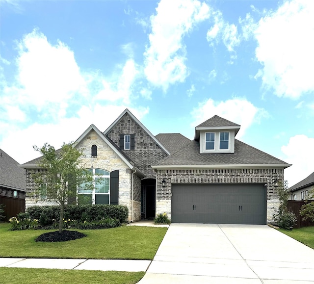 9806 Starry Night Ln, Manvel, TX 77578 - french country inspired facade featuring stone siding, an attached garage, a front lawn, and concrete driveway