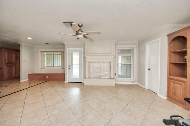 346 Ballantrae Ln, Houston, TX 77015 - unfurnished living room featuring light tile patterned flooring, ornamental molding, and ceiling fan