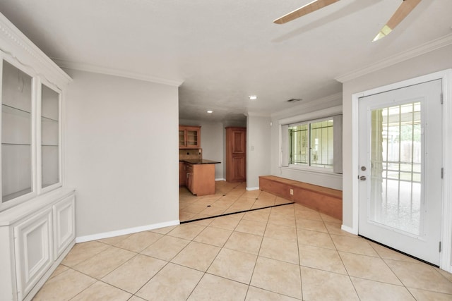 346 Ballantrae Ln, Houston, TX 77015 - entryway featuring ornamental molding, light tile patterned floors, recessed lighting, and ceiling fan
