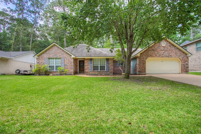 2115 Greentree Dr, Huntsville, TX 77340 - ranch-style home with an attached garage, concrete driveway, brick siding, a front yard, and a shingled roof