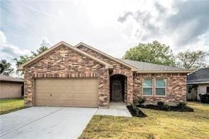 3510 Indian Mound Trl, Crosby, TX 77532 - ranch-style home with an attached garage, concrete driveway, and a front lawn