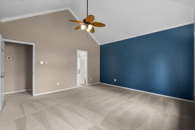 110 Crimson Bay Dr, League City, TX 77573 - unfurnished bedroom featuring ornamental molding, carpet floors, high vaulted ceiling, connected bathroom, and ceiling fan