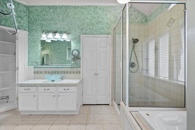110 Crimson Bay Dr, League City, TX 77573 - full bathroom featuring a shower stall, tile patterned flooring, vanity, and wallpapered walls