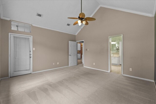 110 Crimson Bay Dr, League City, TX 77573 - unfurnished bedroom with light carpet, ornamental molding, high vaulted ceiling, ensuite bath, and ceiling fan