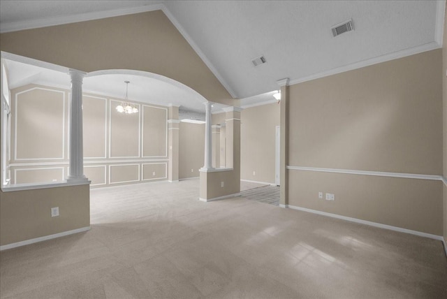 110 Crimson Bay Dr, League City, TX 77573 - unfurnished room with decorative columns, lofted ceiling, arched walkways, carpet floors, and a chandelier