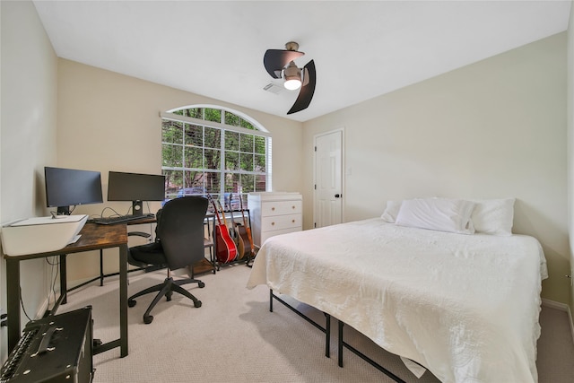 55 Bowie Bend Ct, The Woodlands, TX 77385 - bedroom with light colored carpet, an office area, and a ceiling fan