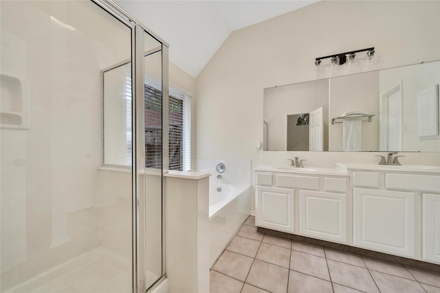 55 Bowie Bend Ct, The Woodlands, TX 77385 - full bath featuring lofted ceiling, a shower stall, a garden tub, tile patterned flooring, and double vanity