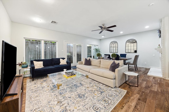 2612 Yupon St, Houston, TX 77006 - living area with dark wood finished floors, a ceiling fan, recessed lighting, and french doors
