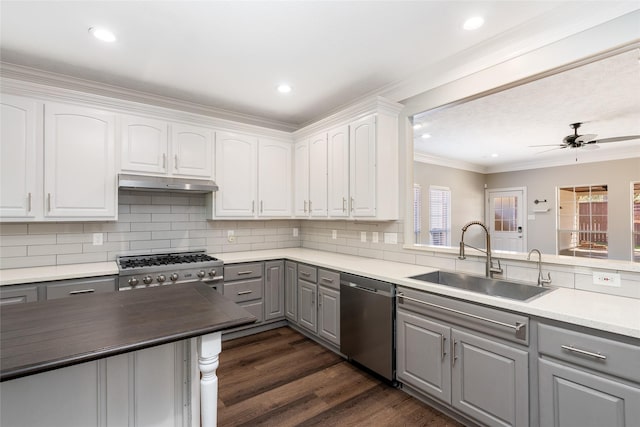 12014 Via Davinci Ln NW, Cypress, TX 77429 - kitchen featuring stainless steel dishwasher, gray cabinetry, ceiling fan, crown molding, and tasteful backsplash