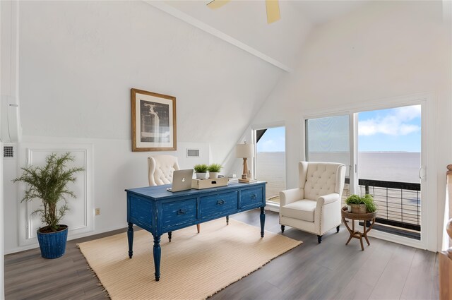 426 Apollo Dr, Livingston, TX 77351 - sitting room featuring lofted ceiling, wood finished floors, a desk, and ceiling fan