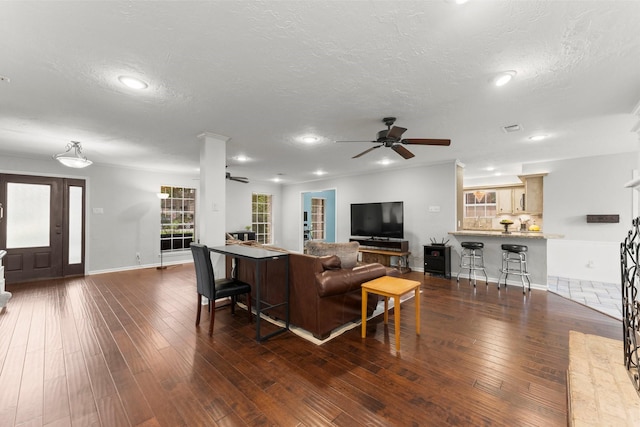 27277 Wells Ln, Conroe, TX 77385 - living room featuring ceiling fan, a textured ceiling, recessed lighting, and wood-type flooring