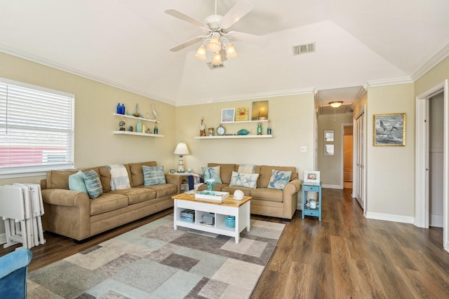 22123 Yoakum Dr, Galveston, TX 77554 - living room with a ceiling fan, wood finished floors, ornamental molding, attic access, and lofted ceiling