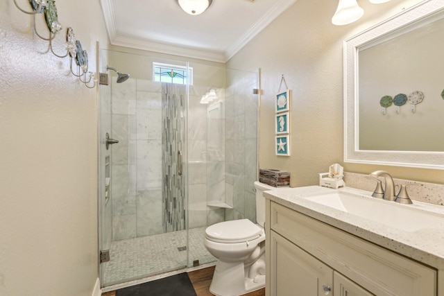 22123 Yoakum Dr, Galveston, TX 77554 - full bathroom with vanity, ornamental molding, and a shower stall