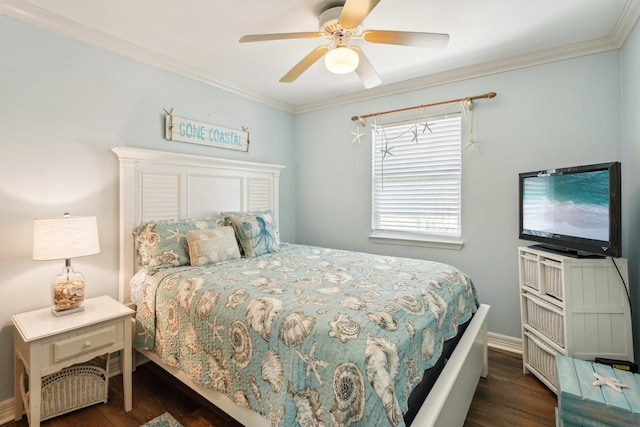 22123 Yoakum Dr, Galveston, TX 77554 - bedroom with wood finished floors, crown molding, and ceiling fan
