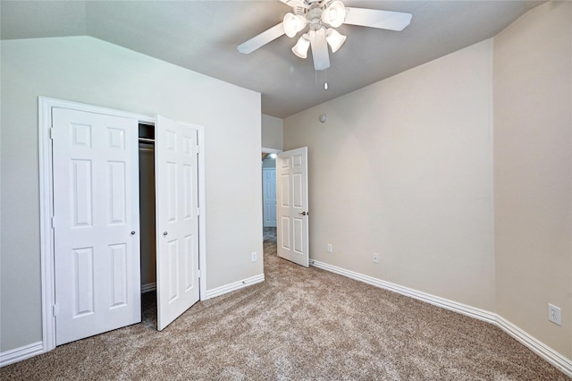 30 N Scribewood Cir, The Woodlands, TX 77382 - unfurnished bedroom featuring carpet floors, vaulted ceiling, a closet, and ceiling fan