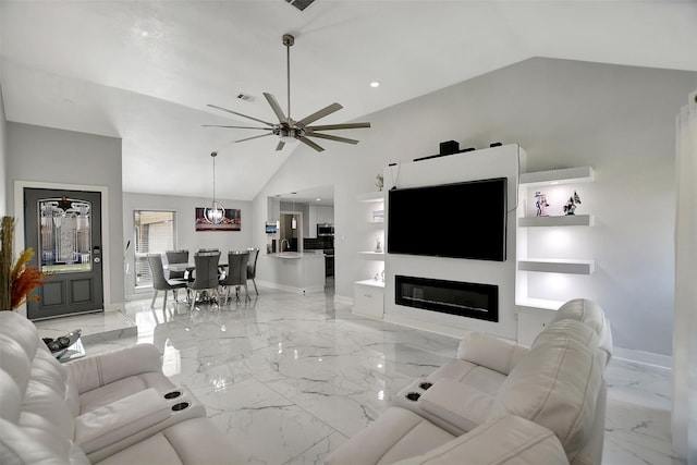 16806 Carbridge Dr, Houston, TX 77084 - living area with light marble finish flooring, lofted ceiling, ceiling fan, and recessed lighting