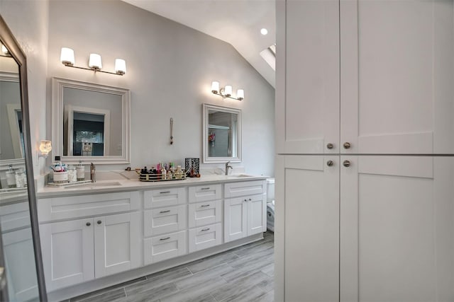 16806 Carbridge Dr, Houston, TX 77084 - full bathroom with double vanity, lofted ceiling, and wood finished floors