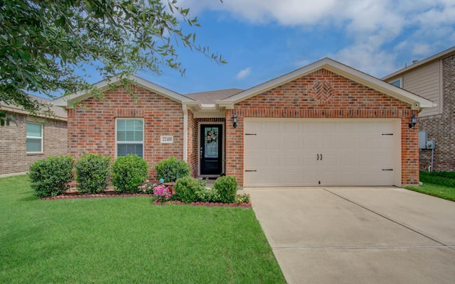 22418 Threefold Ridge Dr, Hockley, TX 77447 - ranch-style home with brick siding, concrete driveway, a front lawn, and a garage