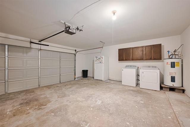 5130 Porter Ridge Dr, Houston, TX 77053 - garage with electric water heater, freestanding refrigerator, washing machine and dryer, and a garage door opener