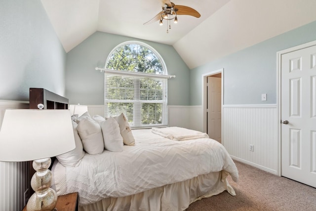 13518 Via Chianti Ln, Cypress, TX 77429 - bedroom featuring wainscoting, lofted ceiling, carpet floors, and ceiling fan