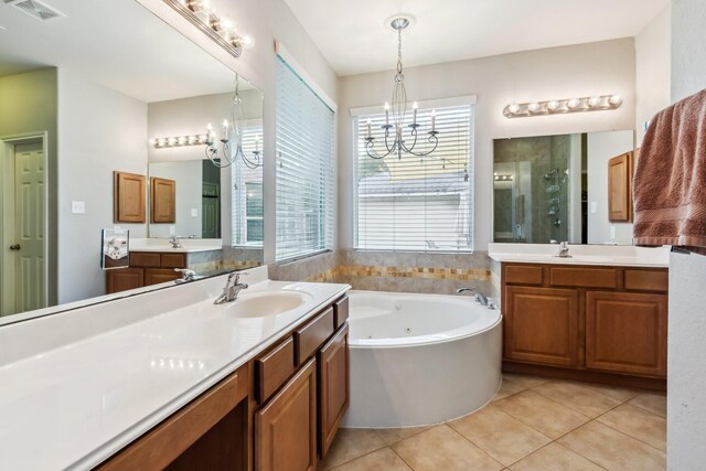 13518 Via Chianti Ln, Cypress, TX 77429 - bathroom with a chandelier, a stall shower, tile patterned floors, and two vanities