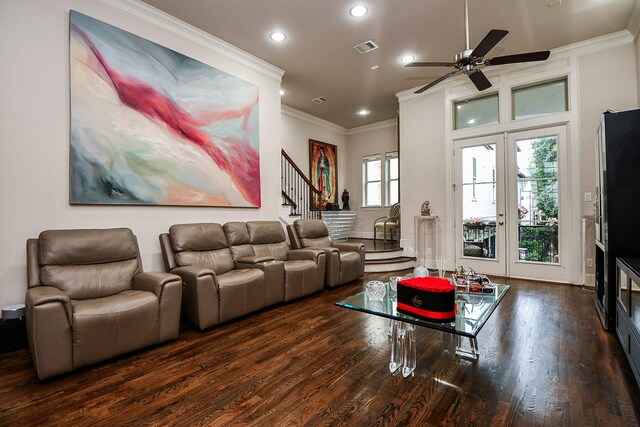 10924 Wrenwood Park, Houston, TX 77043 - living area with crown molding, wood finished floors, stairs, recessed lighting, and a ceiling fan