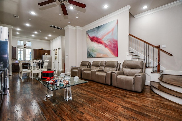 10924 Wrenwood Park, Houston, TX 77043 - living area featuring crown molding, a ceiling fan, stairs, dark wood-type flooring, and recessed lighting
