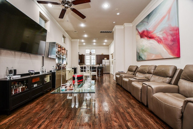 10924 Wrenwood Park, Houston, TX 77043 - living area featuring ornamental molding, dark wood-type flooring, ceiling fan, and recessed lighting