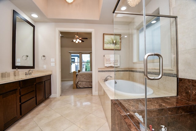10924 Wrenwood Park, Houston, TX 77043 - full bathroom with vanity, a bath, connected bathroom, ceiling fan, and a shower with shower door