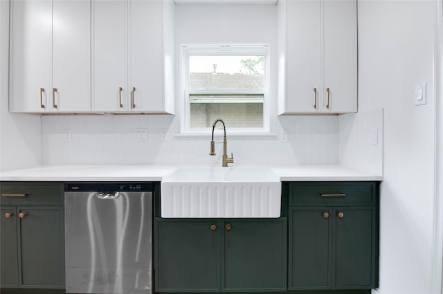 12706 Westleigh Dr, Houston, TX 77077 - kitchen featuring dishwasher, green cabinets, backsplash, and light countertops
