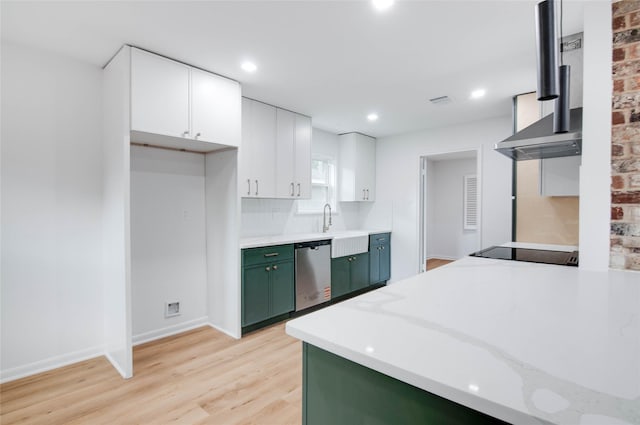 12706 Westleigh Dr, Houston, TX 77077 - kitchen with stainless steel dishwasher, green cabinets, white cabinetry, light wood-style floors, and recessed lighting