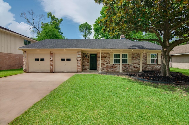 12706 Westleigh Dr, Houston, TX 77077 - ranch-style home with a garage, concrete driveway, a front lawn, brick siding, and a chimney