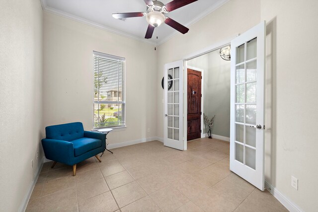 3822 Moreland Branch Ln, Katy, TX 77493 - living area featuring french doors, crown molding, tile patterned floors, and a ceiling fan