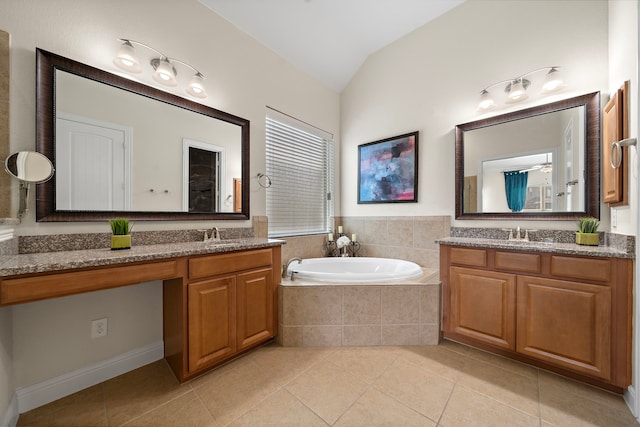 3822 Moreland Branch Ln, Katy, TX 77493 - full bathroom with lofted ceiling, tile patterned flooring, a bath, and two vanities
