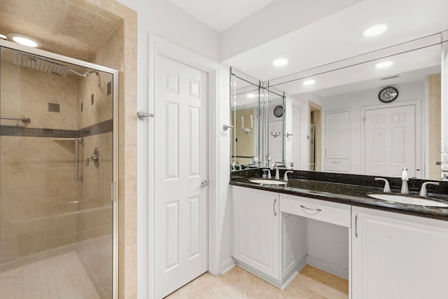3350 Mccue Rd Unit 1901, Houston, TX 77056 - full bathroom with a shower stall, double vanity, recessed lighting, and tile patterned floors