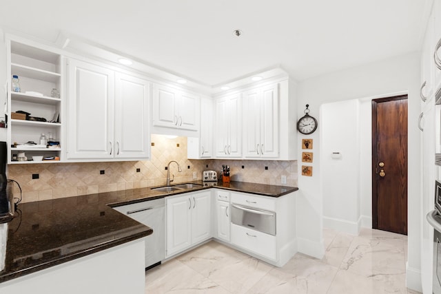 3350 Mccue Rd Unit 1901, Houston, TX 77056 - kitchen featuring a warming drawer, light marble finish flooring, white cabinetry, dark stone countertops, and recessed lighting