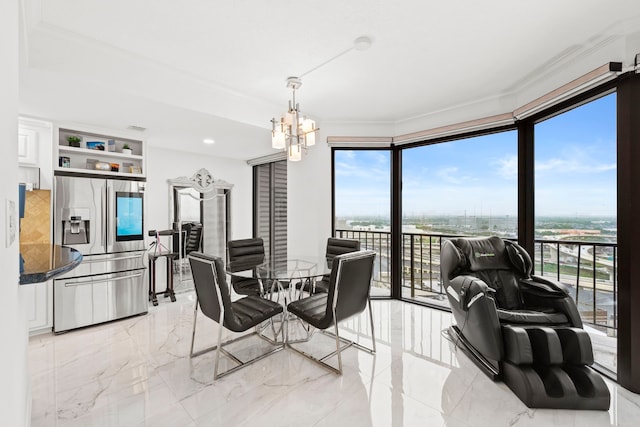 3350 Mccue Rd Unit 1901, Houston, TX 77056 - dining space featuring ornamental molding, healthy amount of natural light, light marble finish floors, and a chandelier