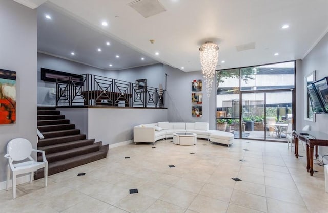 3350 Mccue Rd Unit 1901, Houston, TX 77056 - lobby featuring stairway, recessed lighting, ornamental molding, and a wall of windows