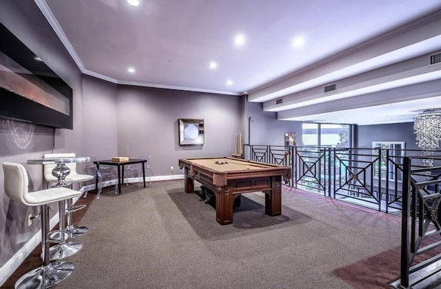3350 Mccue Rd Unit 1901, Houston, TX 77056 - game room with carpet floors, recessed lighting, ornamental molding, and pool table