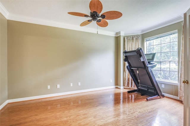 3718 W Pine Brook Way, Houston, TX 77059 - workout room with wood finished floors, ornamental molding, and a ceiling fan