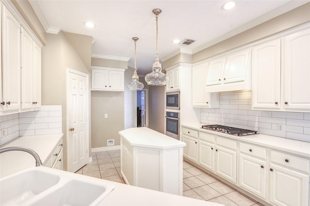 3718 W Pine Brook Way, Houston, TX 77059 - kitchen featuring appliances with stainless steel finishes, crown molding, recessed lighting, light tile patterned floors, and decorative backsplash