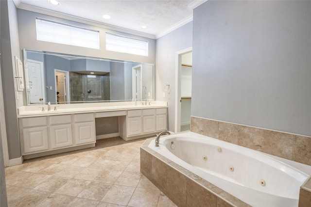 3718 W Pine Brook Way, Houston, TX 77059 - full bathroom featuring ornamental molding, double vanity, a stall shower, a jetted tub, and tile patterned floors