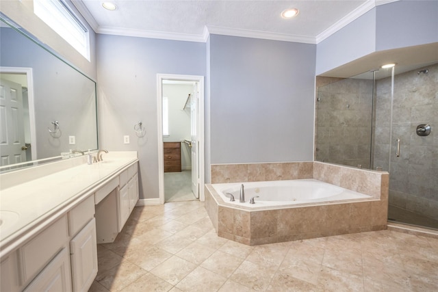 3718 W Pine Brook Way, Houston, TX 77059 - full bathroom with a tub with jets, a stall shower, double vanity, ornamental molding, and tile patterned flooring