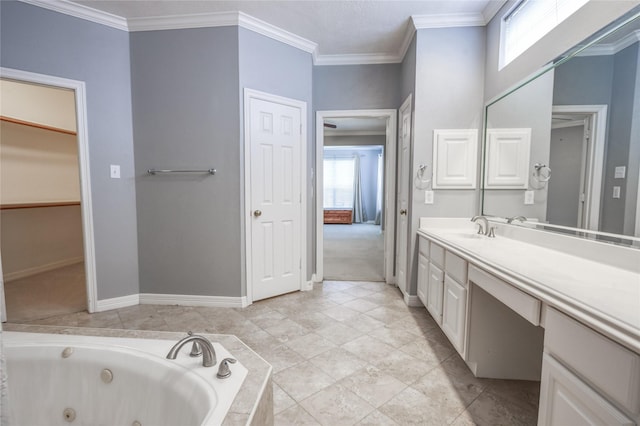 3718 W Pine Brook Way, Houston, TX 77059 - full bathroom with a jetted tub, vanity, ornamental molding, and a spacious closet