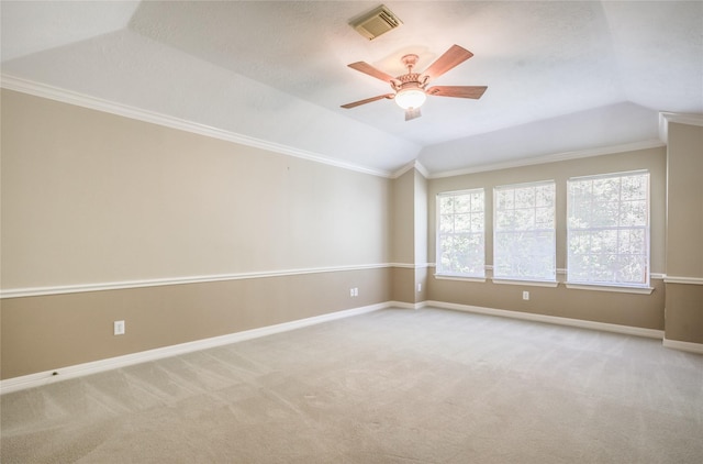 3718 W Pine Brook Way, Houston, TX 77059 - carpeted empty room featuring lofted ceiling, ornamental molding, and ceiling fan