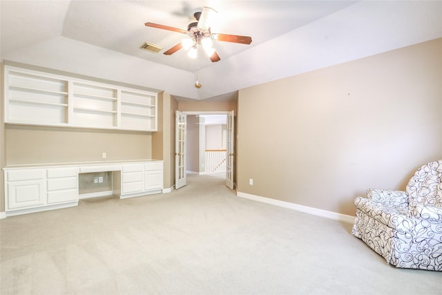 3718 W Pine Brook Way, Houston, TX 77059 - unfurnished office featuring ceiling fan, light carpet, built in study area, and lofted ceiling